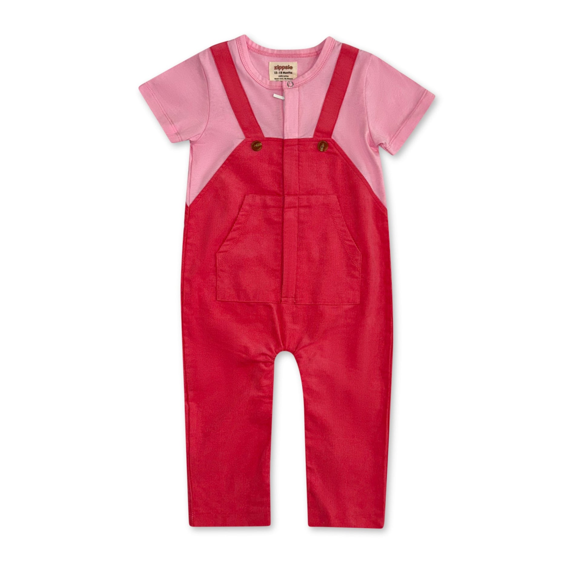 Red overalls with pink shirt on a white background